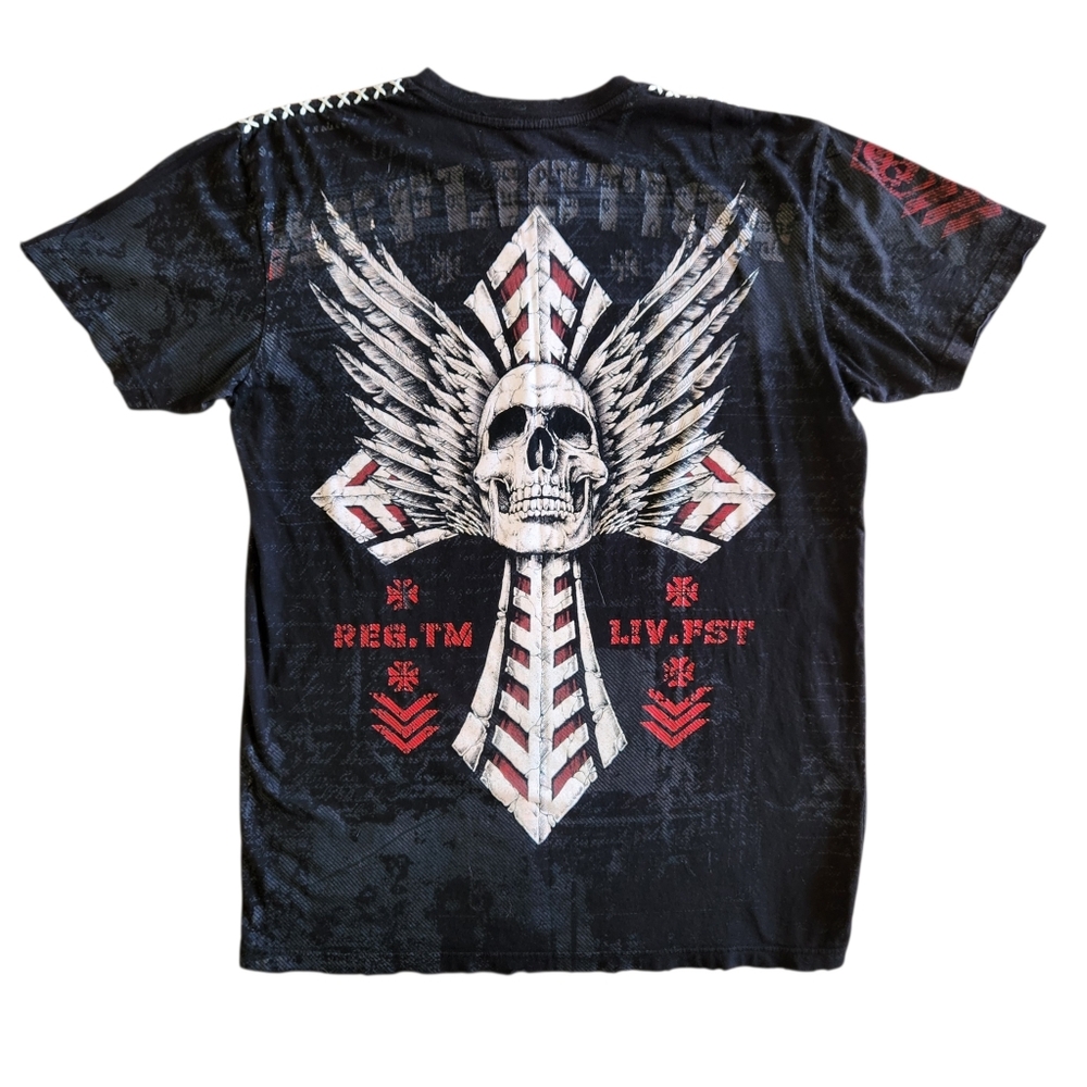 Affliction T-Shirt Skull Cross Wings Biker Black Size XL - Picture 2 of 15
